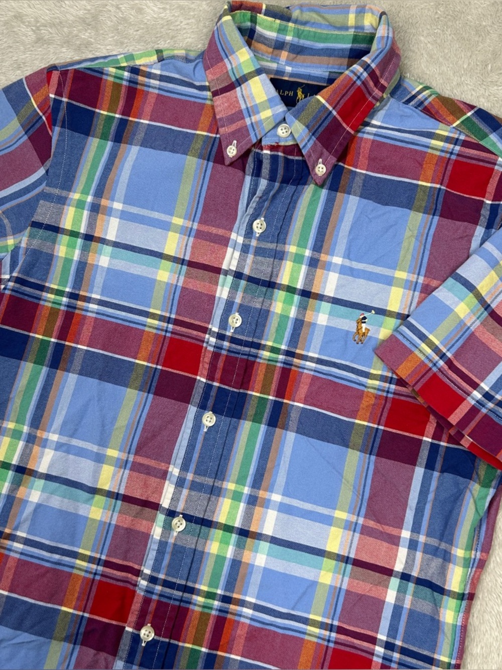 Ralph Lauren Shirt Mens Small Slim Fit Flesh Pony Short Sleeve Plaid Preppy